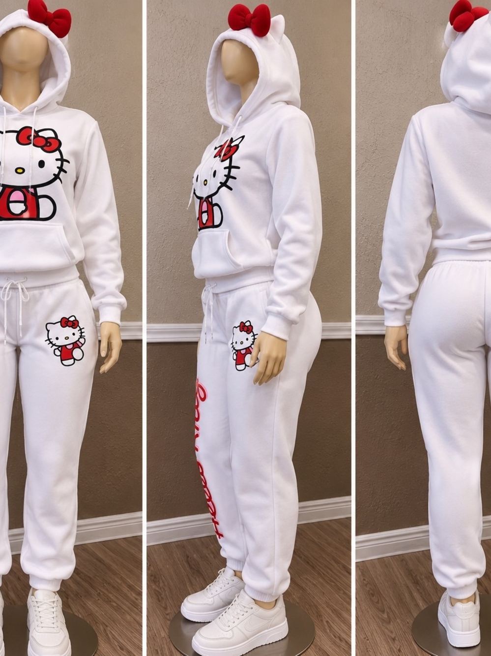 Hello Kitty White & Red Kids Jogger Pants, 2 Piece Set, Size M & L